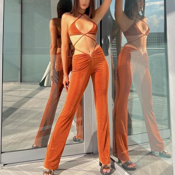 Superdown Irene Strappy Pant Set Brown Slinky Jersey 2pc Ruched Sheen Sz XL - Picture 2 of 13